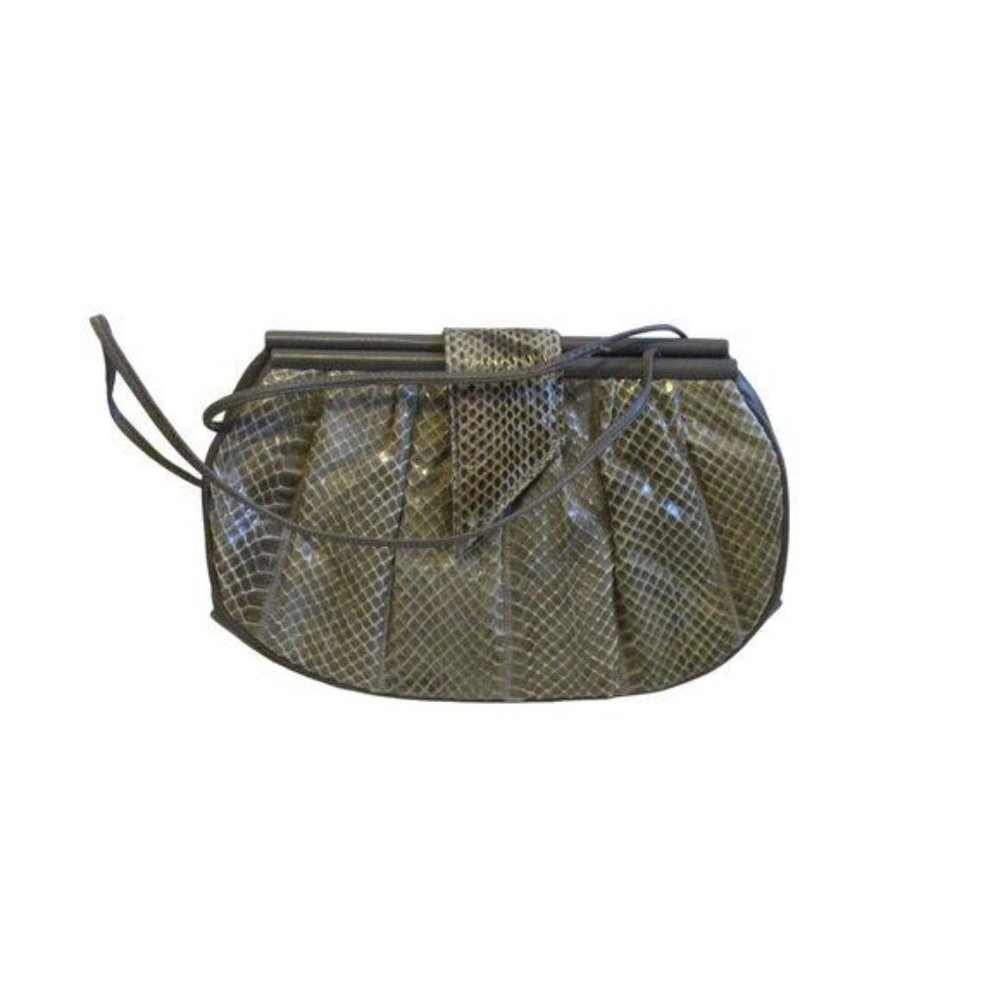 Vintage Palizzio Taupe Beige Olive Python Snake Skin Clutch Crossbody Purse